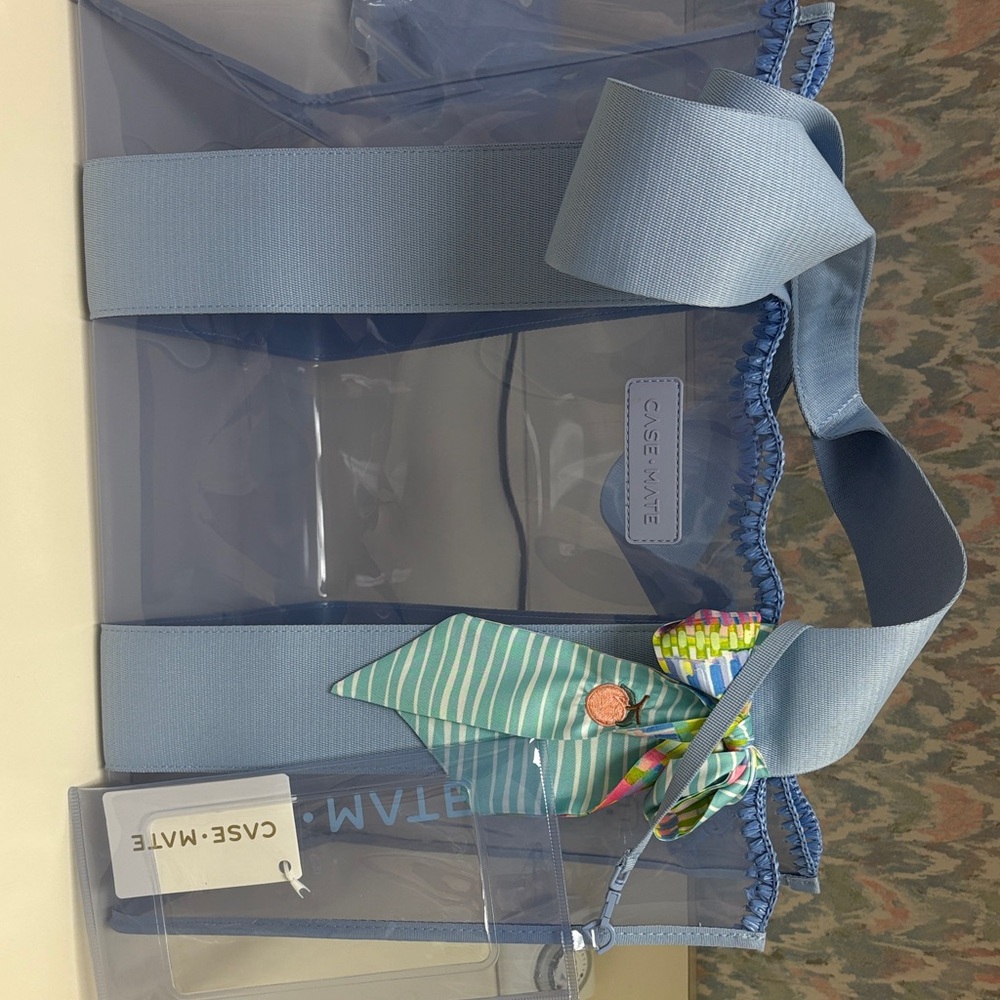 case-mate Clear Tote with Light Blue Straps and Striped Scarf Accent